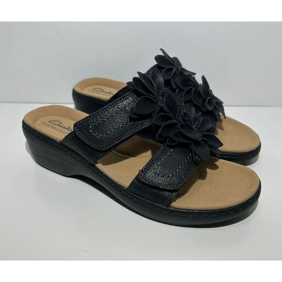 CLARKS Merliah Raelyn Wedge Sandals Black Floral Adjustable Strap Womens 8.5M - Picture 1 of 7
